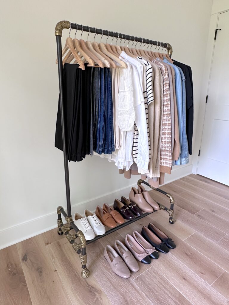 MY 29 PIECE FALL 2023 CLASSIC NEUTRAL CAPSULE WARDROBE - wardrobe rack side