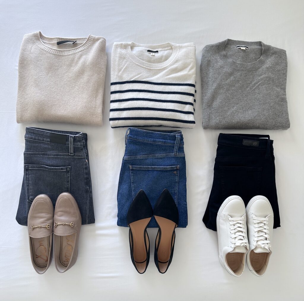 SWEATERS MIX AND MATCH COOL TONES FLATLAY