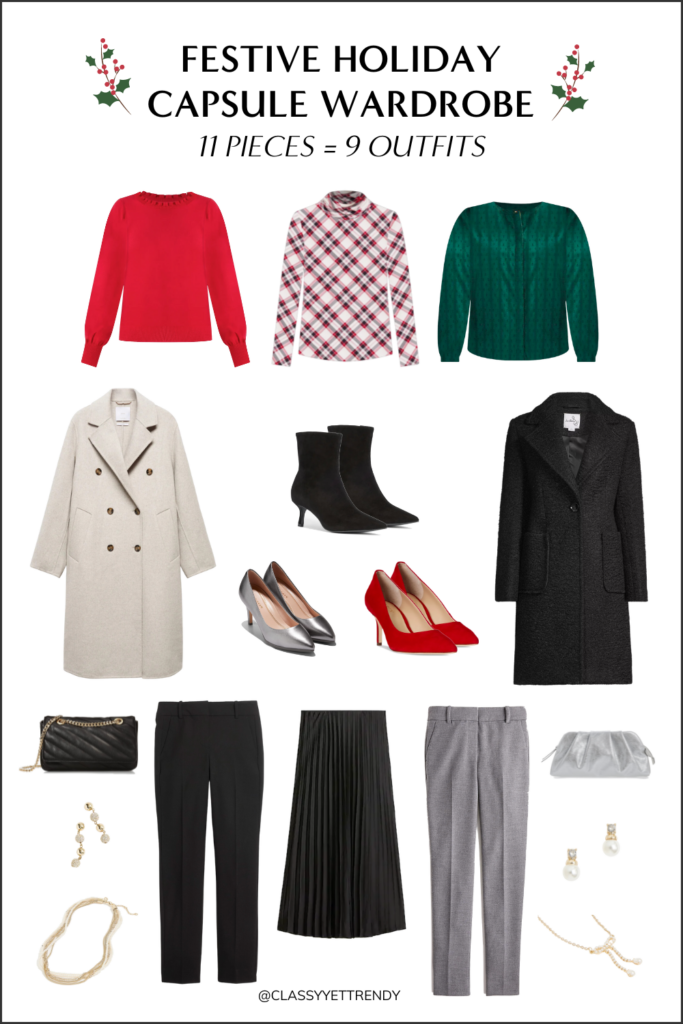 FESTIVE HOLIDAY CAPSULE WARDROBE 11 PIECES 9 OUTFITS 2023 pin