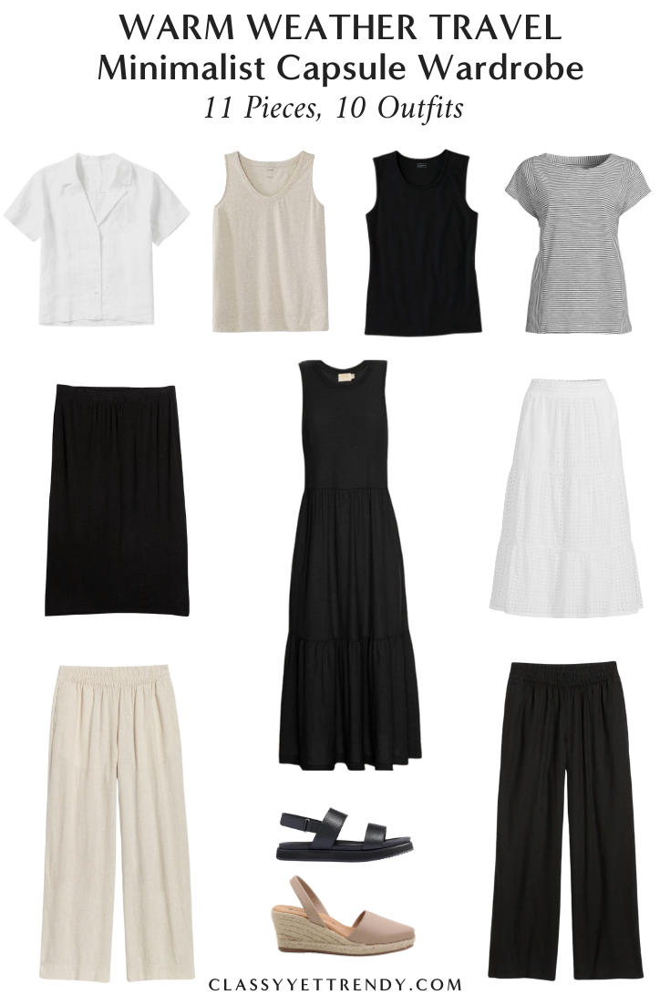 WARM WEATHER MINIMALIST TRAVEL CAPSULE WARDROBE 2024 - 11 PIECES 10 OUTFITS pin