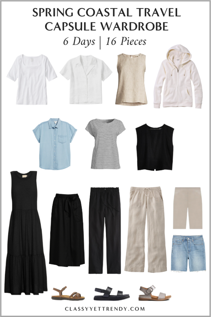 6-Days Spring Coastal Travel Capsule Wardrobe: 16 Pieces, 12 Outfits