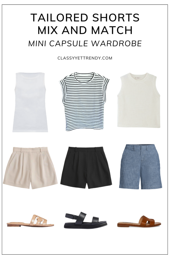 CLASSY YET TRENDY - TAILORED SHORTS MIX AND MATCH MINI CAPSULE WARDROBE - 9 PIECES 9 OUTFITS - JUNE2024