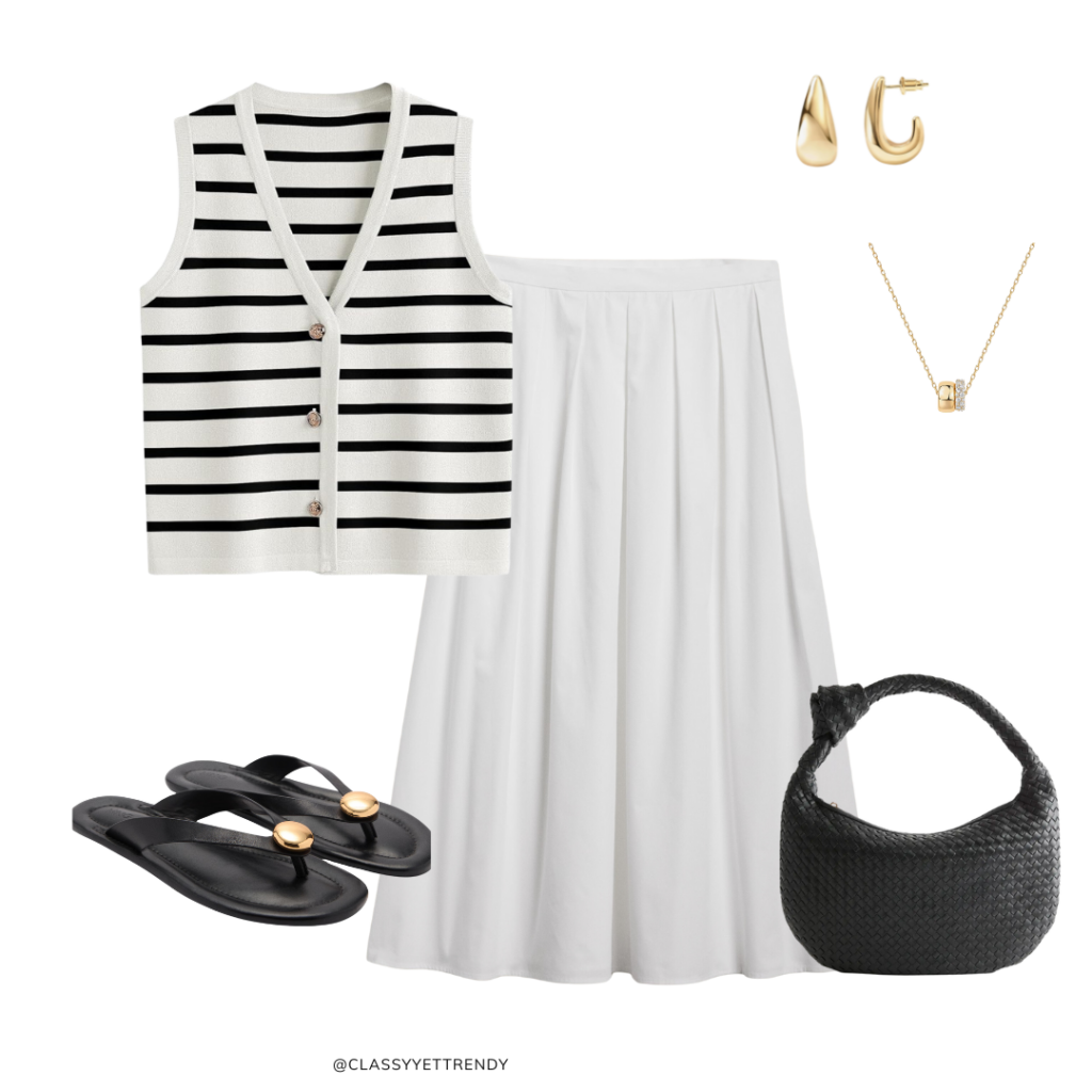 CASUAL CHIC SUMMER CAPSULE WARDROBE 2024 - OUTFIT 1 STRIPE SWEATER VEST WHITE MIDI SKIRT BLACK THONG SANDALS