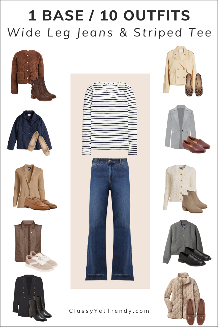 1 Base, 10 Outfits: How To Style Wide Leg Jeans and a Striped Tee in Multiple Budget-Buy Outfits