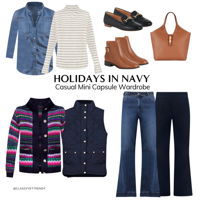 Holidays In Navy Mini Capsule Wardrobe: 8 Pieces, 9 Outfits