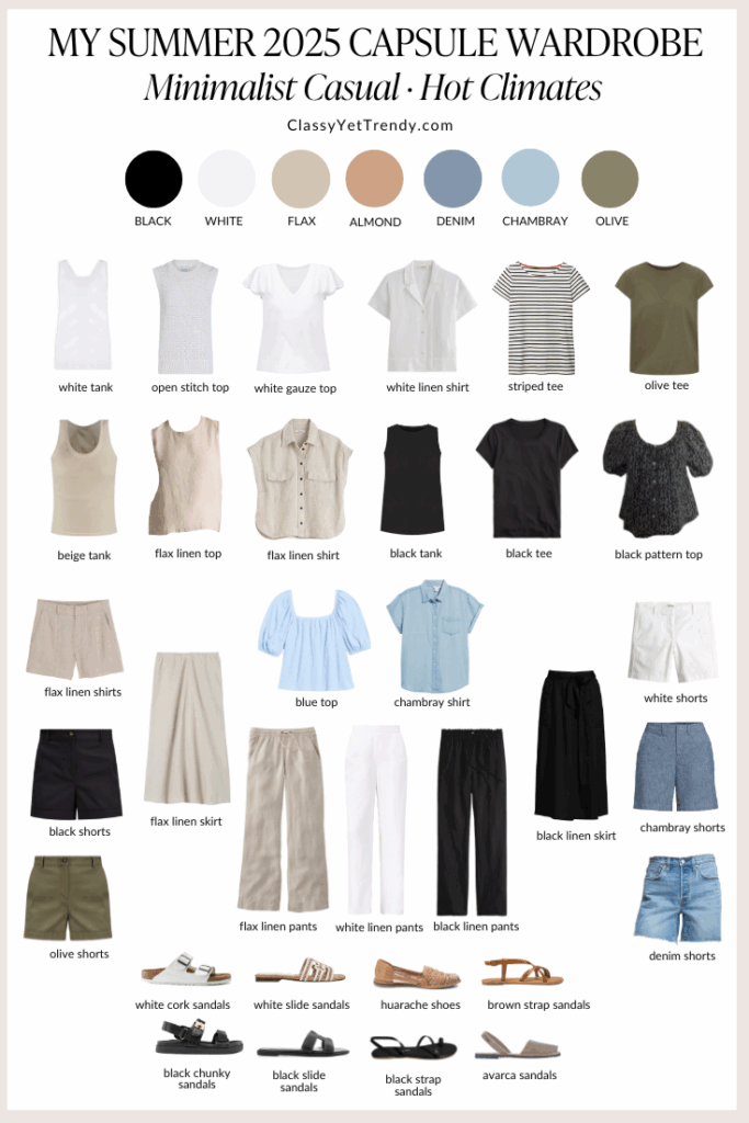 My Minimalist Casual For Hot Climates Summer 2025 Capsule Wardrobe - Flatlay