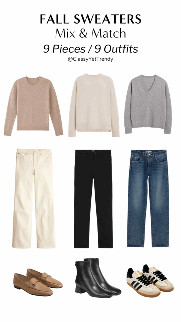 FALL SWEATERS MIX AND MATCH 9 ITEMS 9 OUTFITS - SEPT 2025 - collage