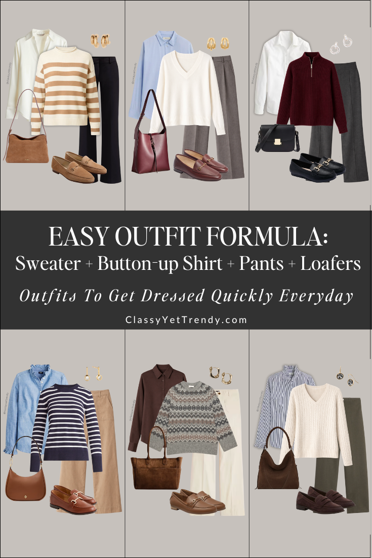 EASY OUTFIT FORMULA FALL WINTER - SWEATER BUTTON UP SHIRT PANTS LOAFERS