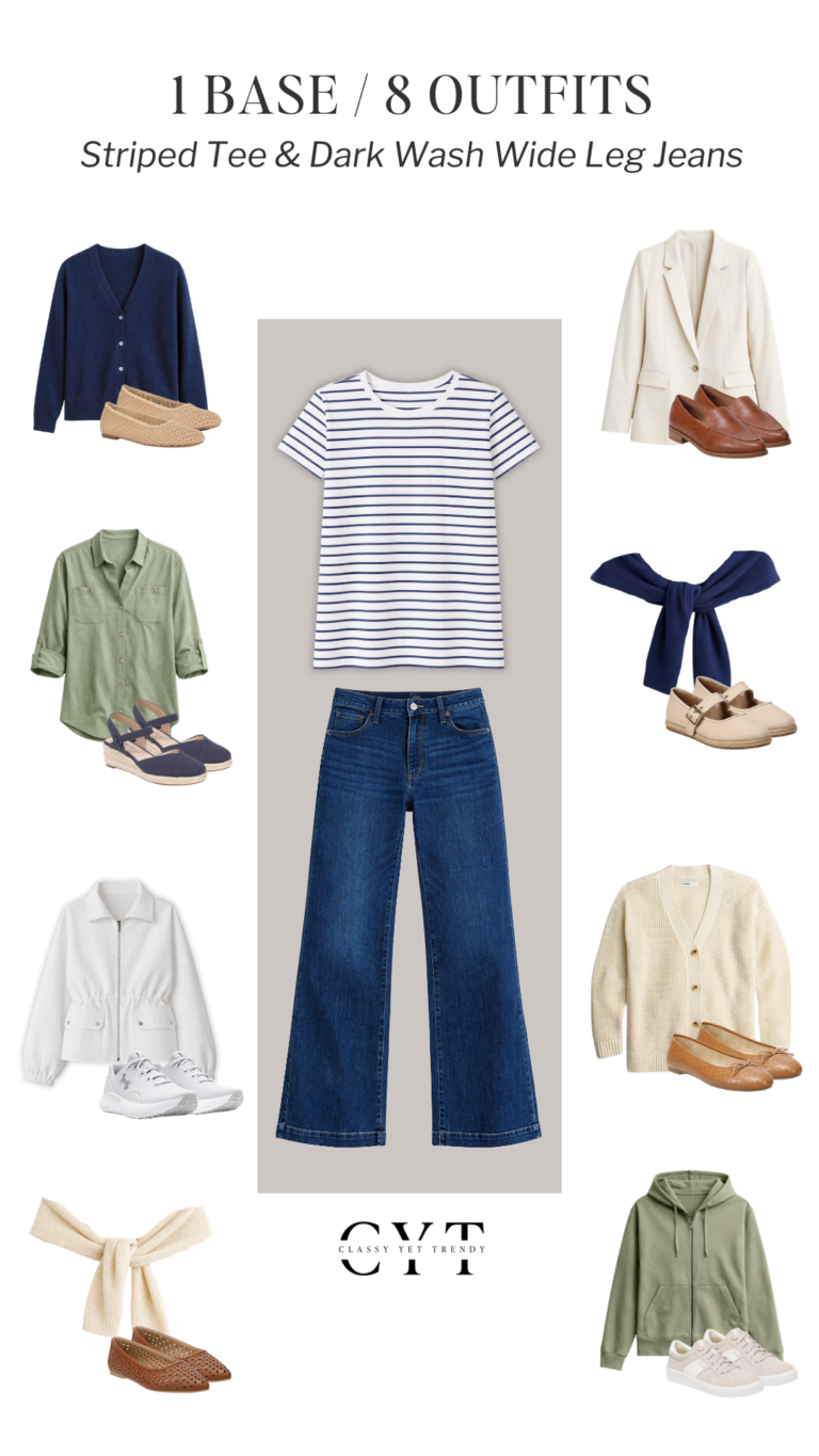 1 BASE 8 OUTFITS - KOHLS STRIPED TEE DARK WASH WIDE LEG JEANS FEB 2026 - COLLAGE