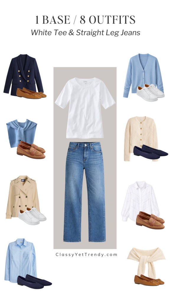 1 BASE 8 OUTFITS - WHITE TEE STRAIGHT LEG JEANS SMART CASUAL SPRING FEB 2026 - pin