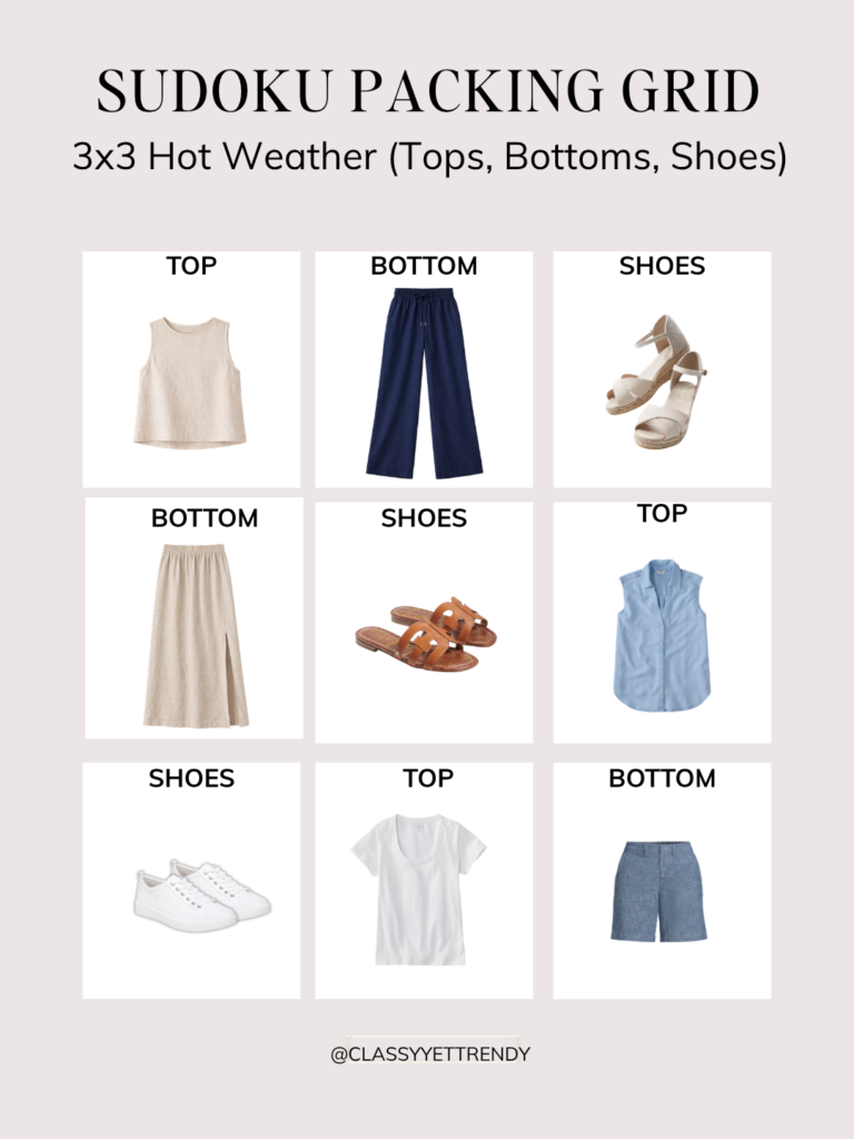 SUDOKU PACKING METHOD - 3X3 HOT WEATHER - TOPS BOTTOMS SHOES - 9 PIECES