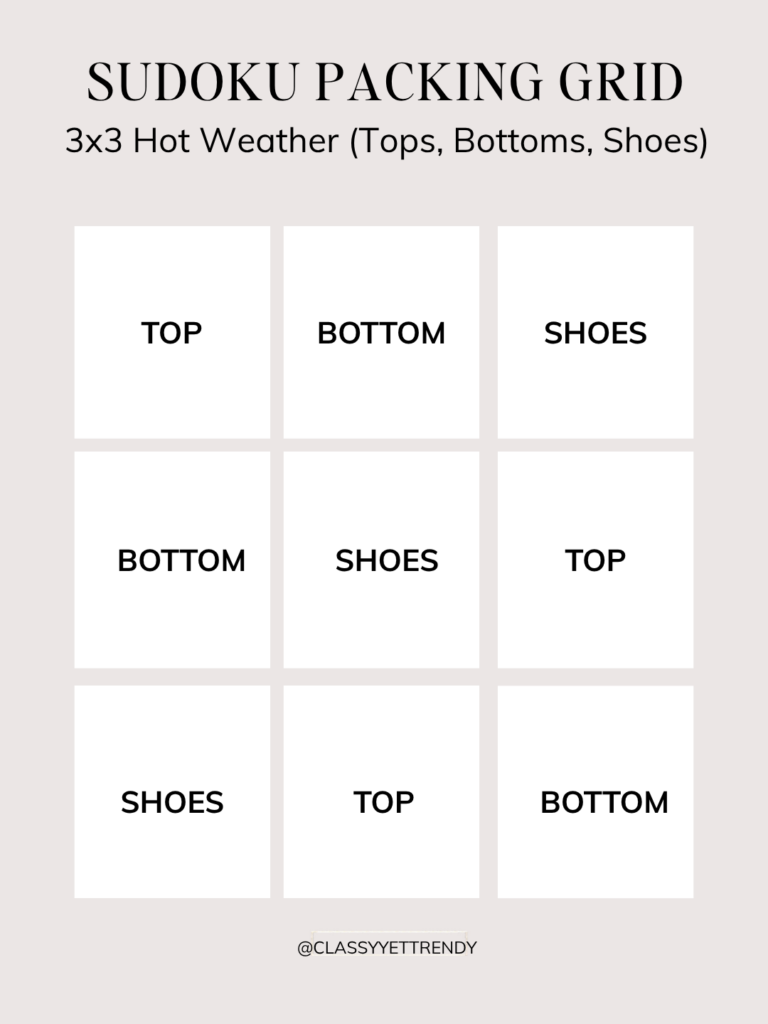 SUDOKU PACKING METHOD - 3X3 HOT WEATHER - TOPS BOTTOMS SHOES - GRID