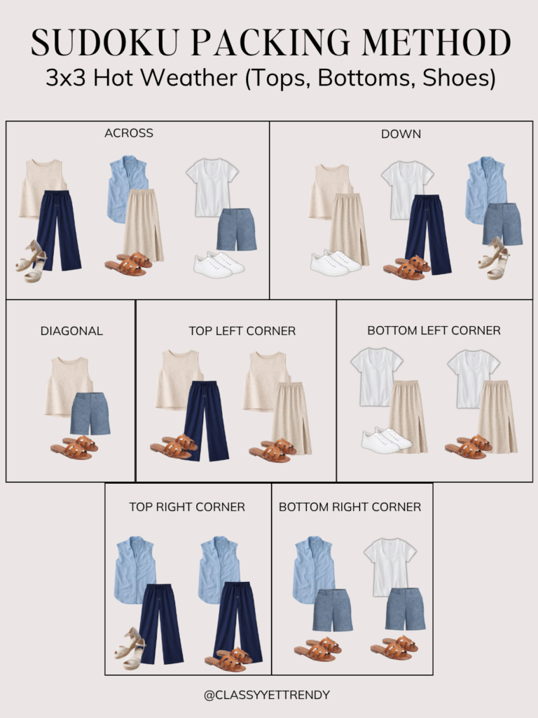 SUDOKU PACKING METHOD - 3X3 HOT WEATHER - TOPS BOTTOMS SHOES - OUTFITS