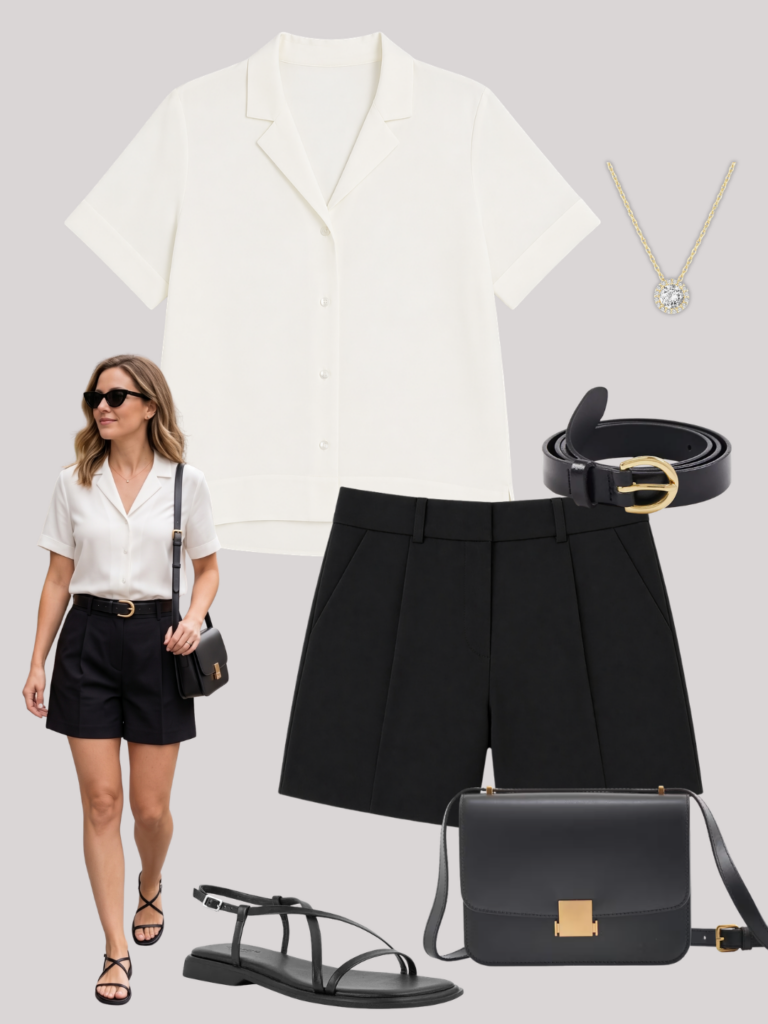 6 WAYS TO WEAR BLACK TAILORED SHORTS - OUTFIT 1