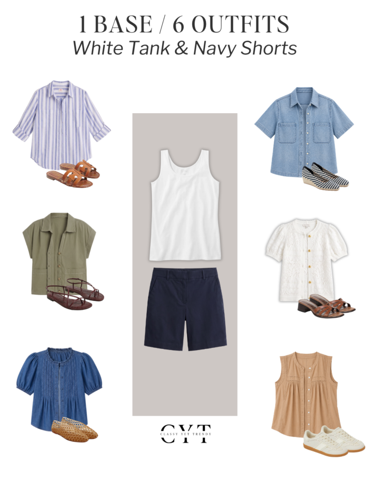 1 BASE 6 OUTFITS - WHITE TANK NAVY SHORTS LATE SUMMER 2026 - COLLAGE