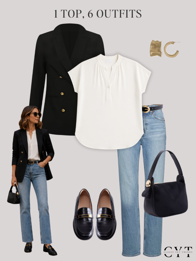 1 TOP 6 OUTFITS EARLY FALL AUG 2026 - QUINCE SILK POPOVER TOP WALMART SCENARIO - OUTFIT 1
