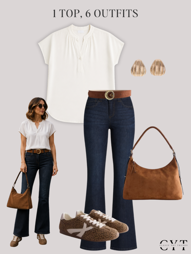 1 TOP 6 OUTFITS EARLY FALL AUG 2026 - QUINCE SILK POPOVER TOP WALMART SCENARIO - OUTFIT 2