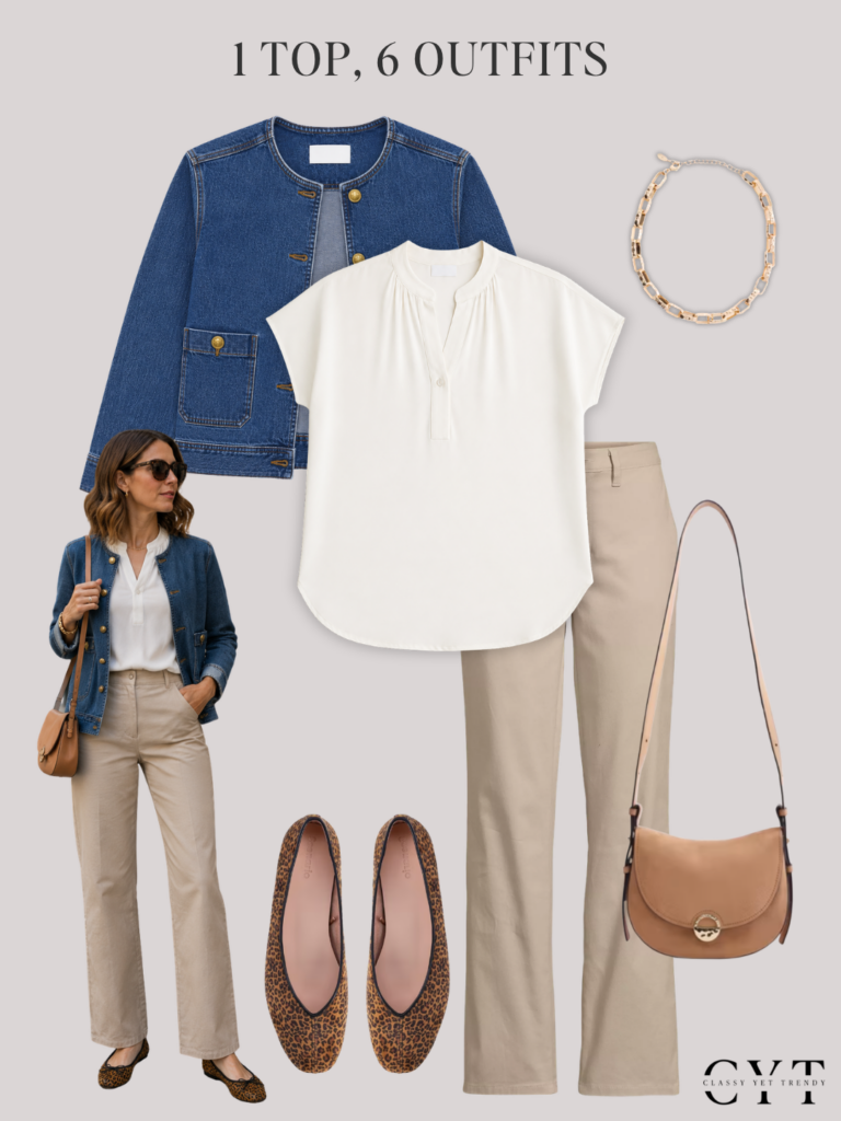 1 TOP 6 OUTFITS EARLY FALL AUG 2026 - QUINCE SILK POPOVER TOP WALMART SCENARIO - OUTFIT 3