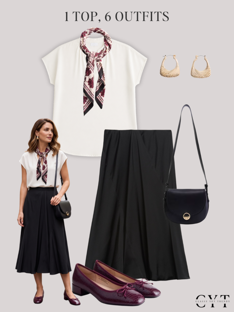 1 TOP 6 OUTFITS EARLY FALL AUG 2026 - QUINCE SILK POPOVER TOP WALMART SCENARIO - OUTFIT 4