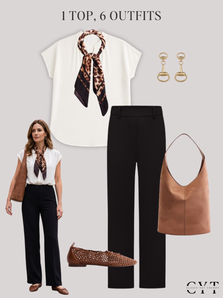 1 TOP 6 OUTFITS EARLY FALL AUG 2026 - QUINCE SILK POPOVER TOP WALMART SCENARIO - OUTFIT 5