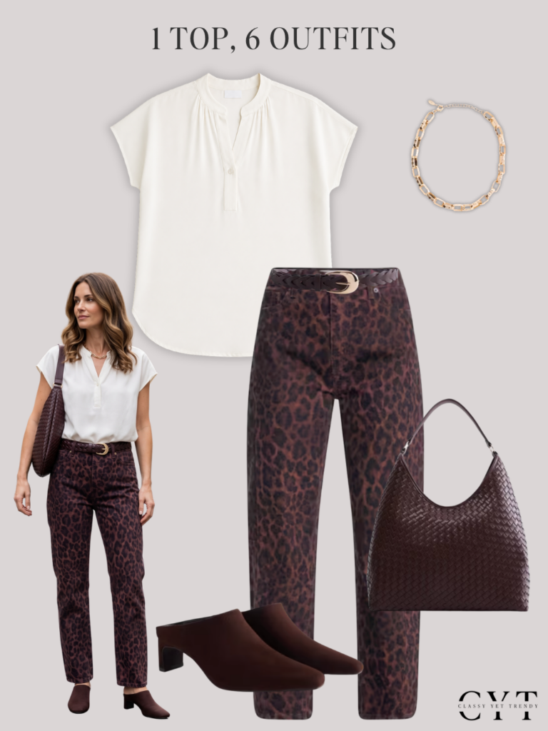 1 TOP 6 OUTFITS EARLY FALL AUG 2026 - QUINCE SILK POPOVER TOP WALMART SCENARIO - OUTFIT 6