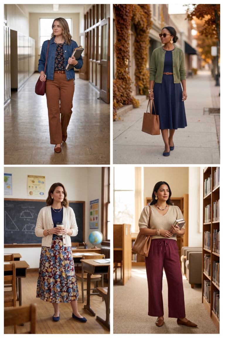 TEACHER BUSINESS CASUAL FALL 2026 CAPSULE WARDROBE OUTFITS MODELS