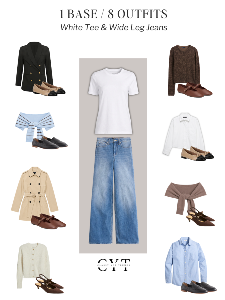 1 BASE 8 OUTFITS - WHITE TEE WIDE LEG JEANS FRENCH MINIMALIST FALL SEP 2026 - COLLAGE